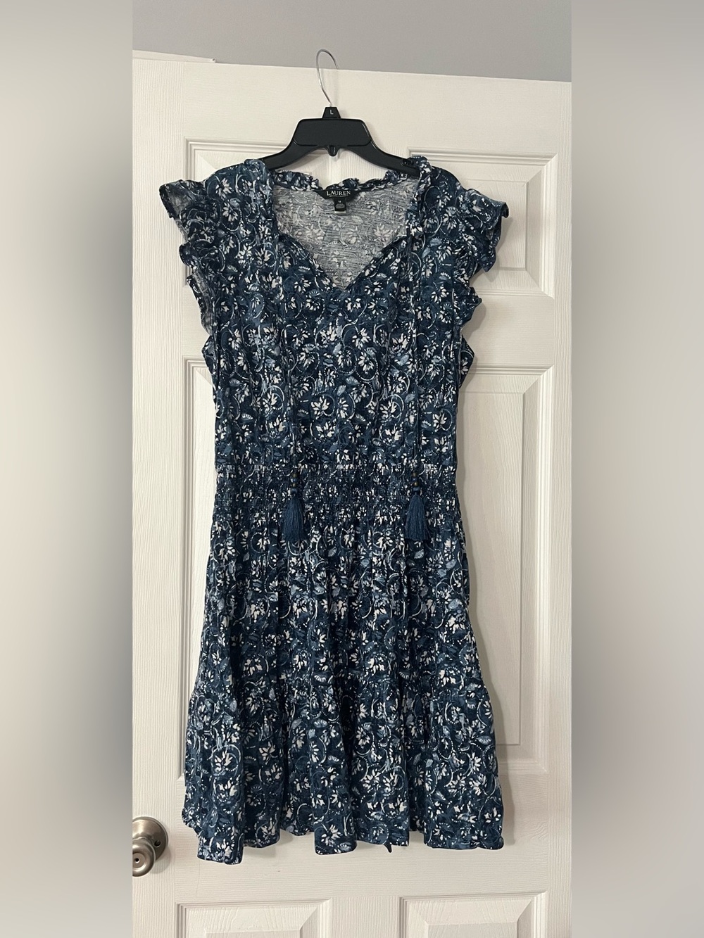Ralph Lauren Navy Floral Tassel Smocked short dress